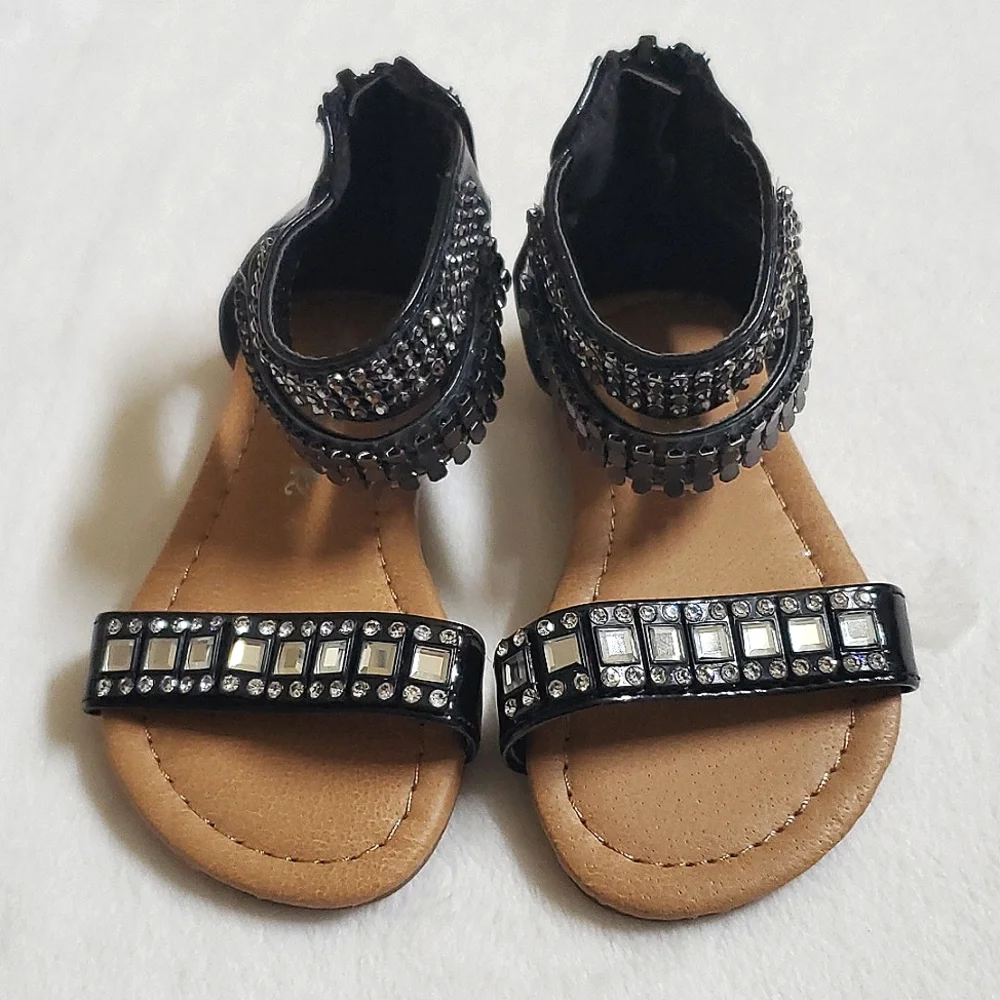 Black Rhinestone & Metal Zip Back Sandals Baby Girl Size 5 Shoes - Picture 4 of 11